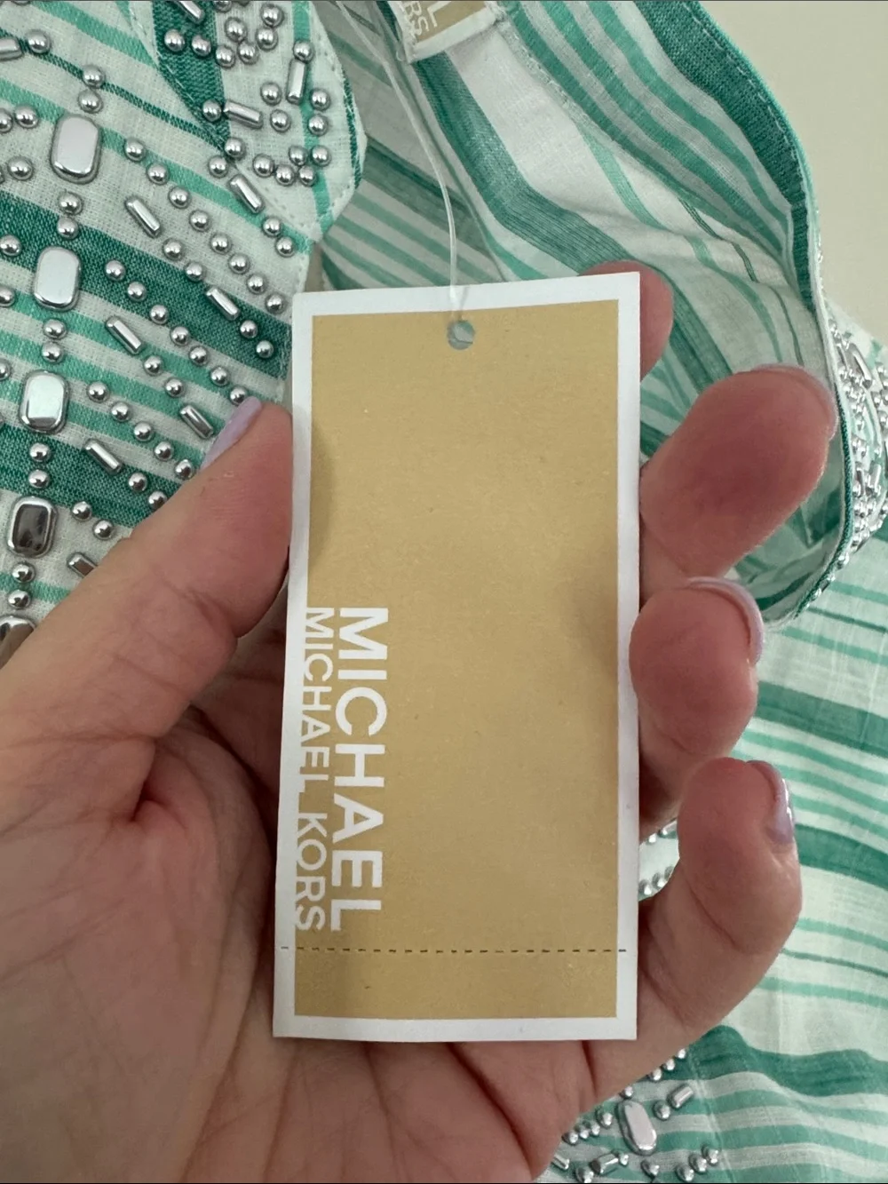Michael Kors Mint and White Striped Embroidered Tunic
